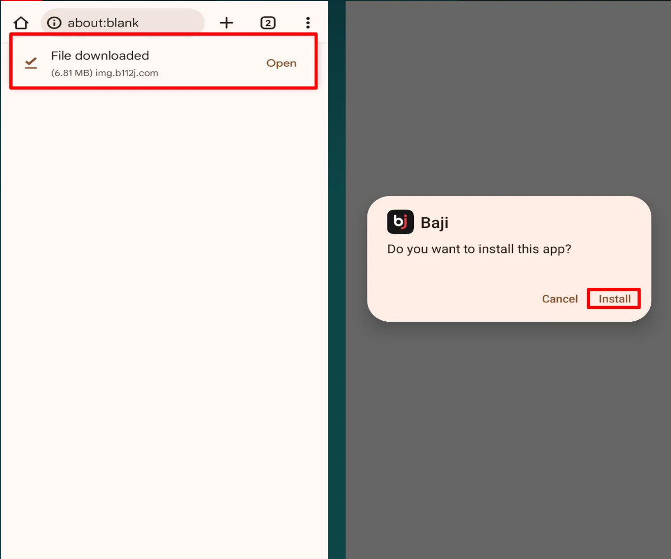 Baji APK download of 6.81 MB and the Android install prompt