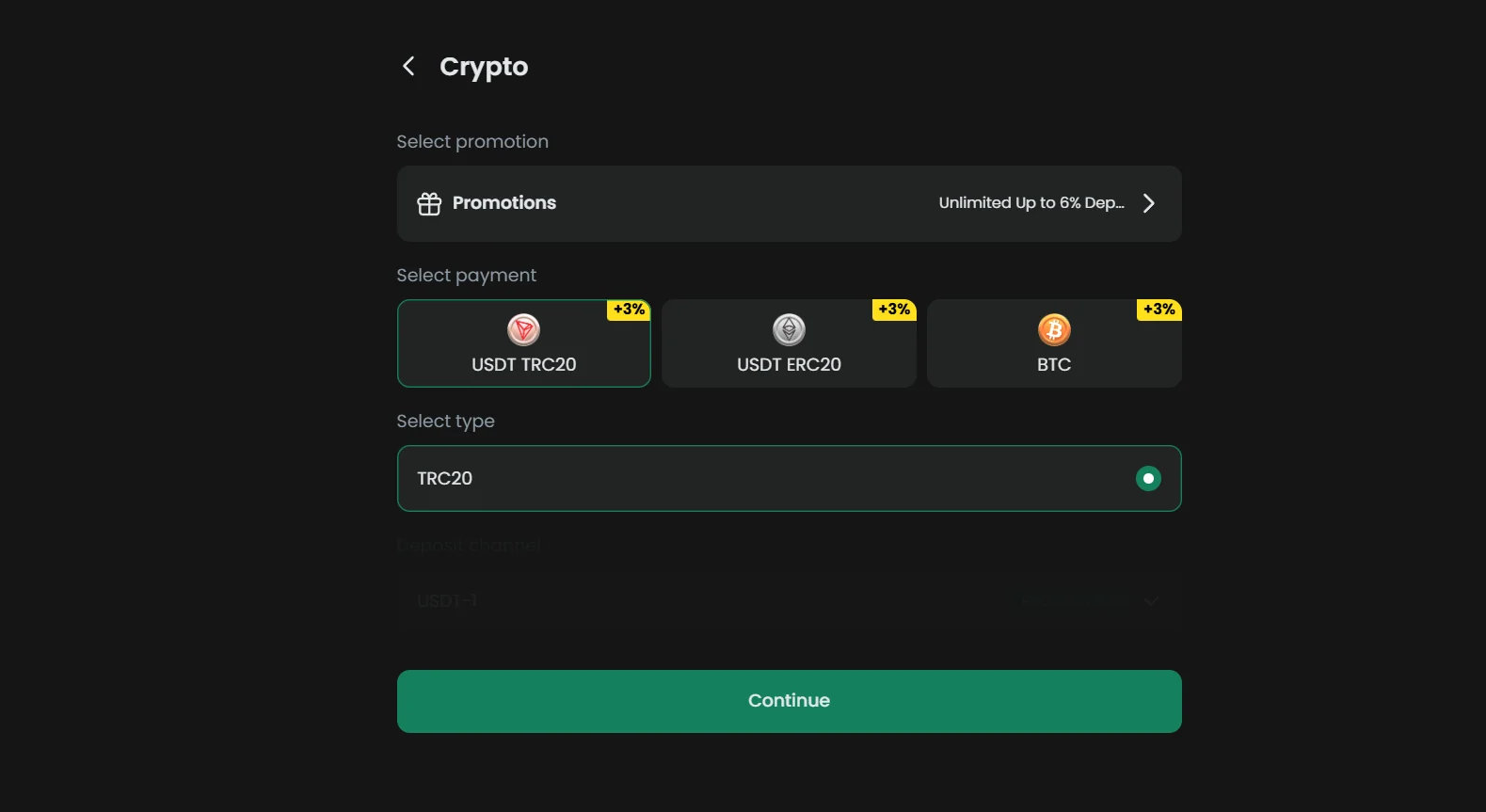 Baji crypto deposit with USDT TRC20, ERC20 and BTC