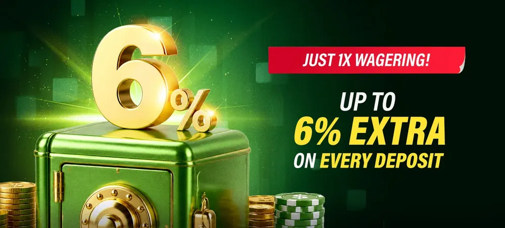 Baji daily offer banner: unlimited up to 6% bonus on every deposit