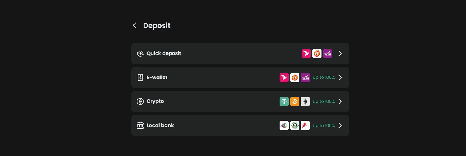 Baji deposit menu: quick deposit, e-wallet, crypto and local bank