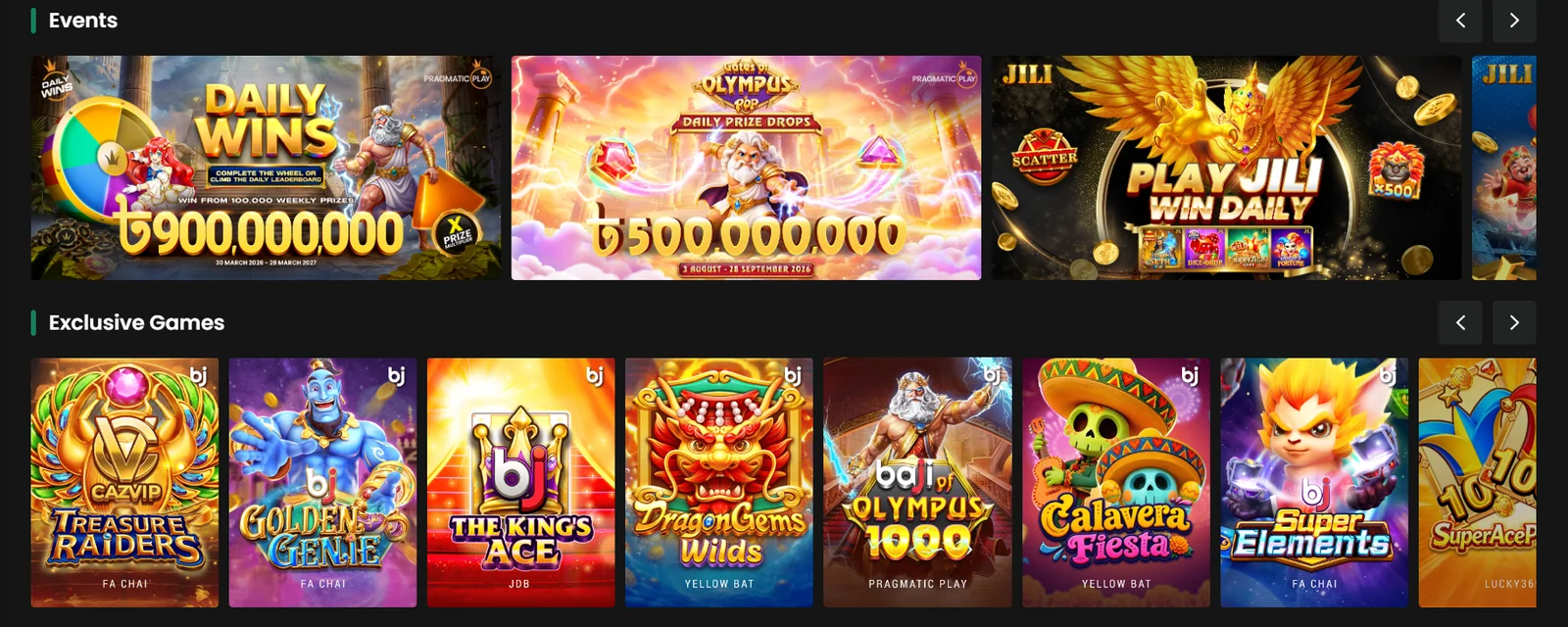Baji events banners and the exclusive games row