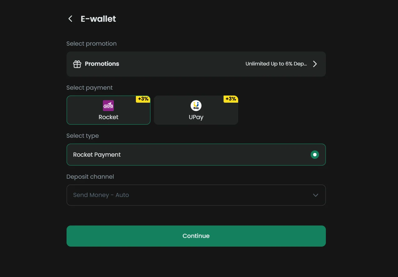 Baji e-wallet deposit with Rocket and UPay and a 3% bonus tag