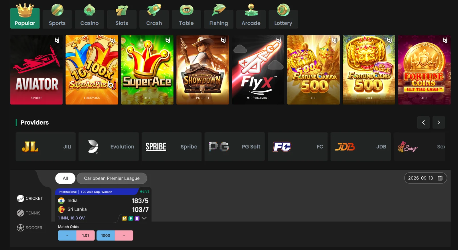 Baji lobby: popular games, provider row and a live cricket market