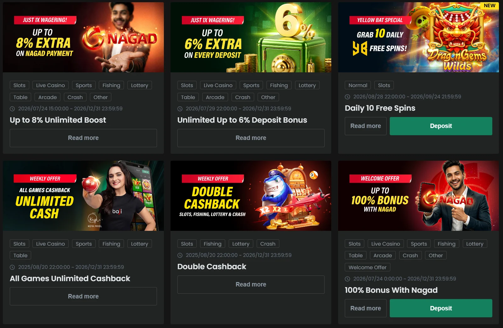 Baji promotions page: deposit boosts, cashback and welcome offers