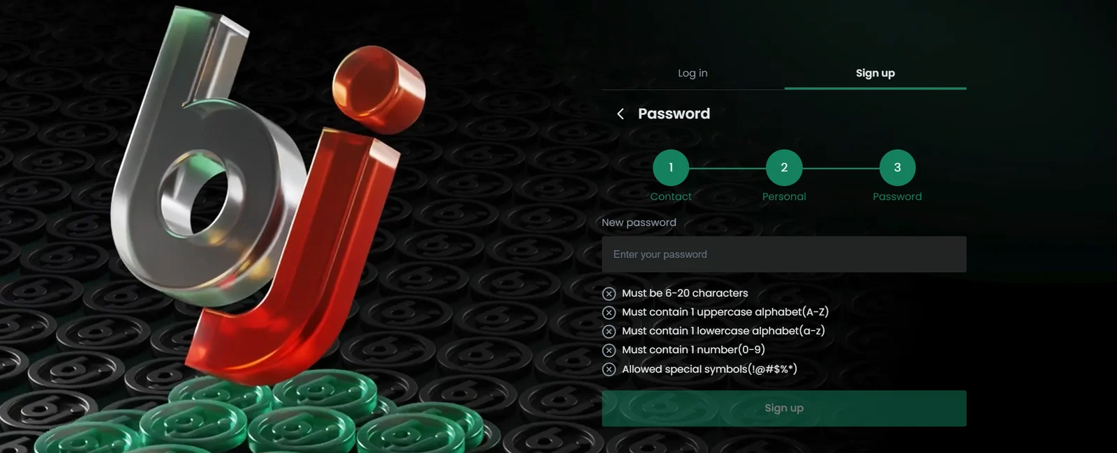 Baji sign up step three: password rules