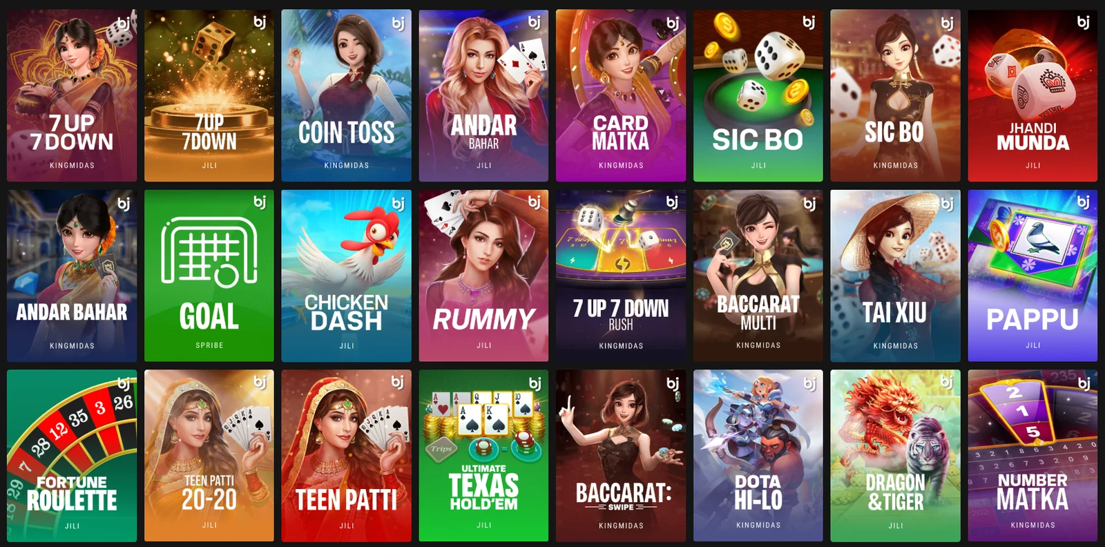 Table games at Baji: teen patti, andar bahar, matka and dice